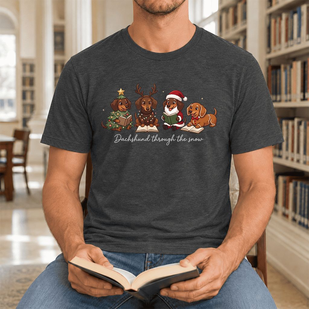Dachshund Through The Snow Ultra-Soft Cotton T-Shirt | Christmas Reader Gift Dark Grey Heather