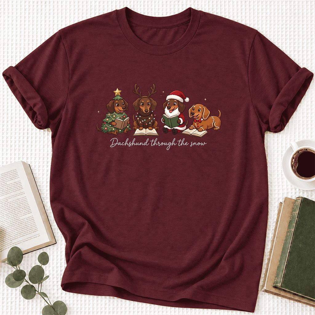 Dachshund Through The Snow Ultra-Soft Cotton T-Shirt | Christmas Reader Gift Maroon