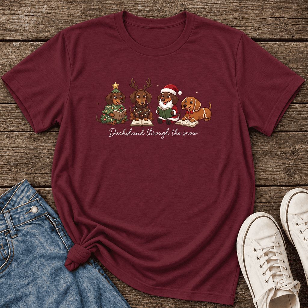 Dachshund Through The Snow Ultra-Soft Cotton T-Shirt | Christmas Reader Gift Maroon