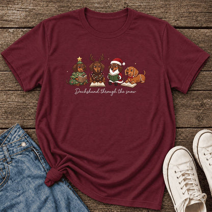 Dachshund Through The Snow Ultra-Soft Cotton T-Shirt | Christmas Reader Gift Maroon