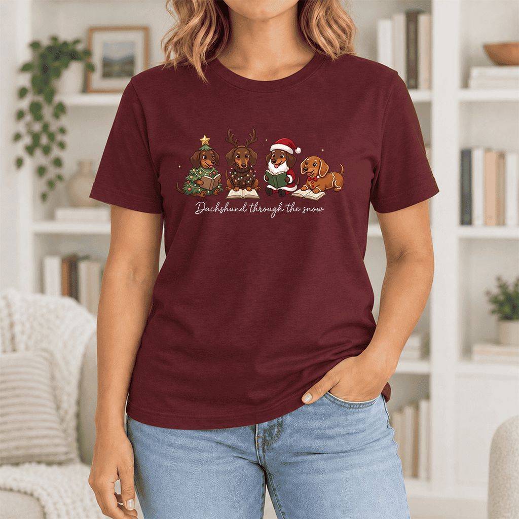 Dachshund Through The Snow Ultra-Soft Cotton T-Shirt | Christmas Reader Gift Maroon