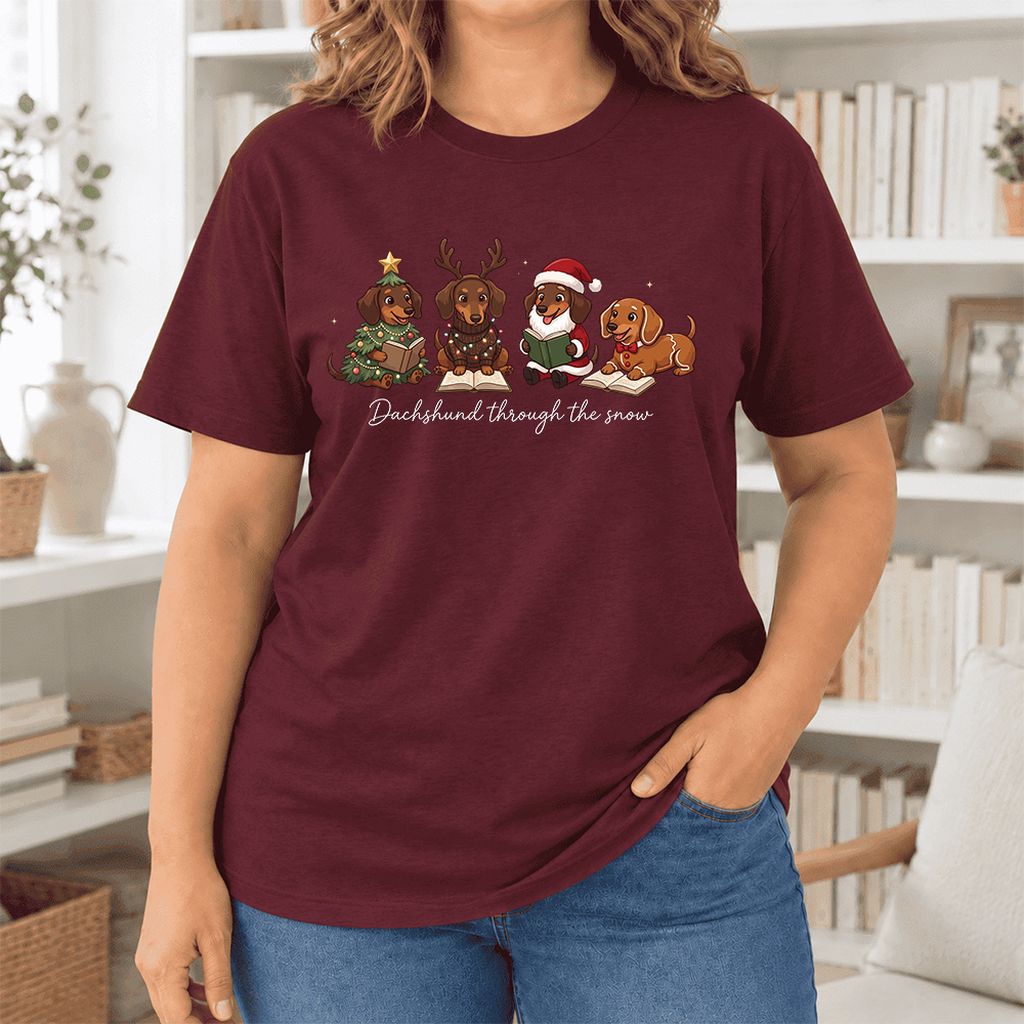 Dachshund Through The Snow Ultra-Soft Cotton T-Shirt | Christmas Reader Gift Maroon