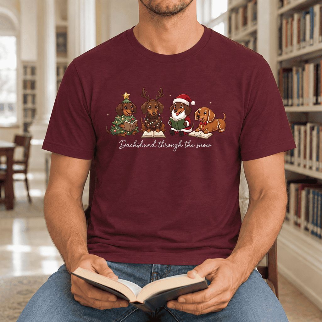 Dachshund Through The Snow Ultra-Soft Cotton T-Shirt | Christmas Reader Gift Maroon