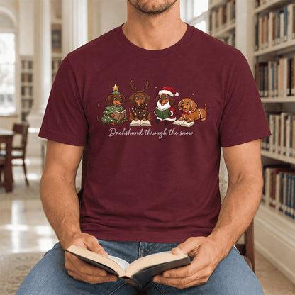 Dachshund Through The Snow Ultra-Soft Cotton T-Shirt | Christmas Reader Gift Maroon
