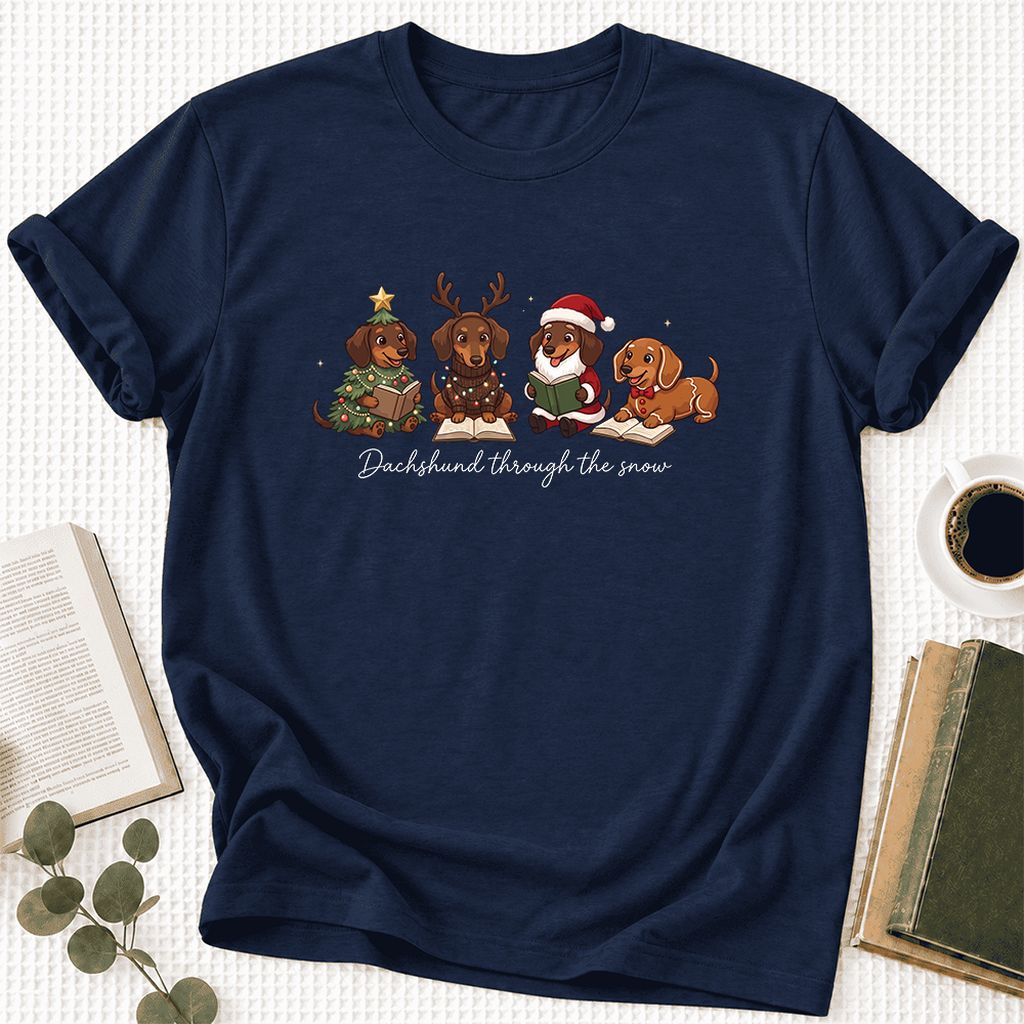 Dachshund Through The Snow Ultra-Soft Cotton T-Shirt | Christmas Reader Gift Navy