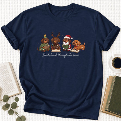 Dachshund Through The Snow Ultra-Soft Cotton T-Shirt | Christmas Reader Gift Navy