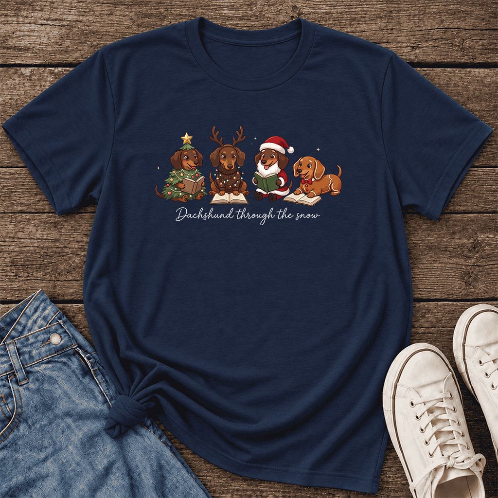 Dachshund Through The Snow Ultra-Soft Cotton T-Shirt | Christmas Reader Gift Navy