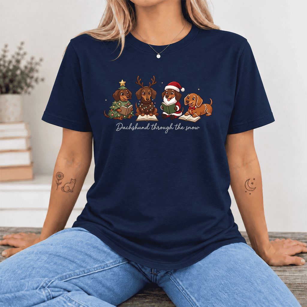 Dachshund Through The Snow Ultra-Soft Cotton T-Shirt | Christmas Reader Gift Navy