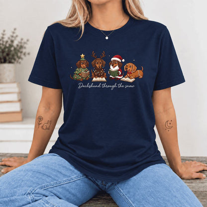 Dachshund Through The Snow Ultra-Soft Cotton T-Shirt | Christmas Reader Gift Navy