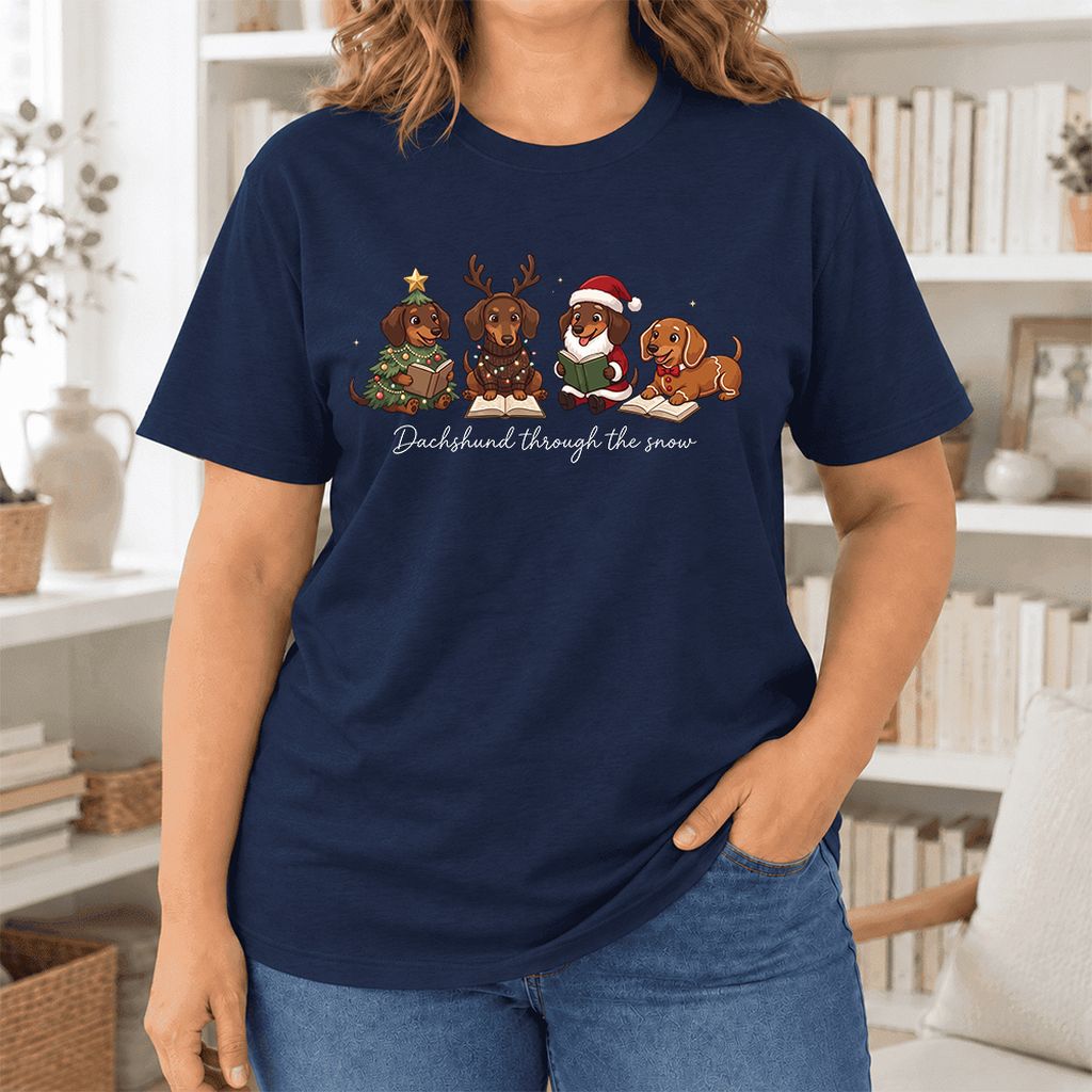Dachshund Through The Snow Ultra-Soft Cotton T-Shirt | Christmas Reader Gift Navy