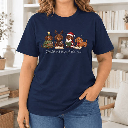 Dachshund Through The Snow Ultra-Soft Cotton T-Shirt | Christmas Reader Gift Navy