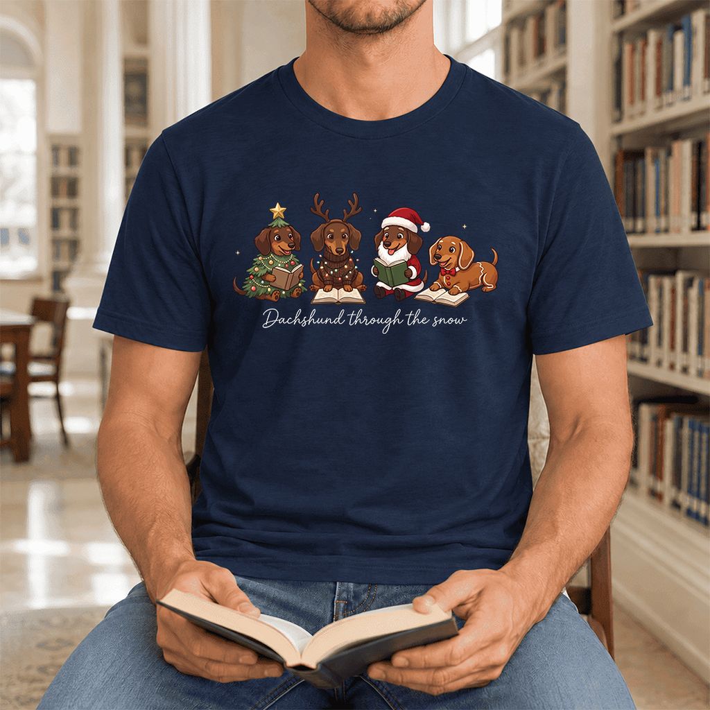 Dachshund Through The Snow Ultra-Soft Cotton T-Shirt | Christmas Reader Gift Navy