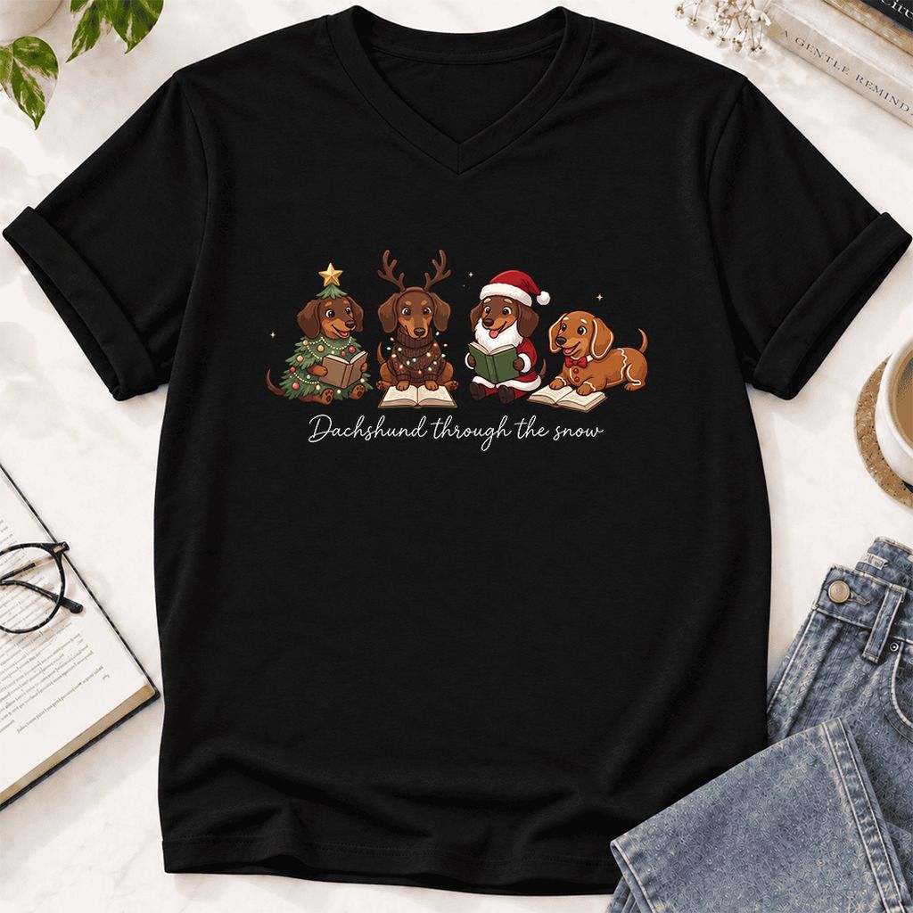 Dachshund Through The Snow Ultra-Soft V-Neck | Christmas Reader Gift Black