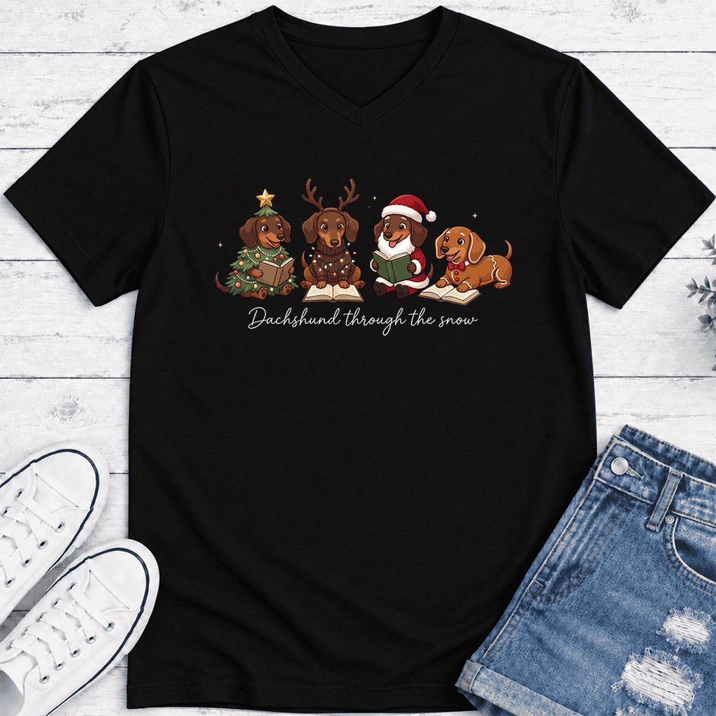 Dachshund Through The Snow Ultra-Soft V-Neck | Christmas Reader Gift Black