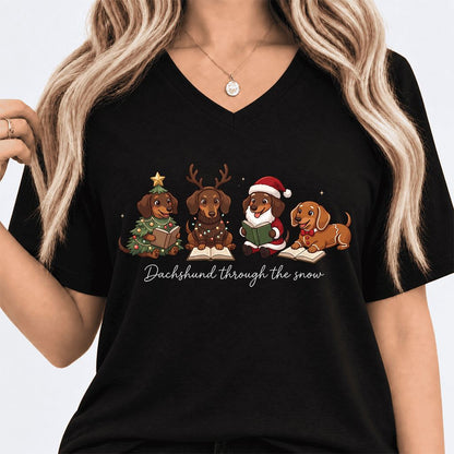 Dachshund Through The Snow Ultra-Soft V-Neck | Christmas Reader Gift Black