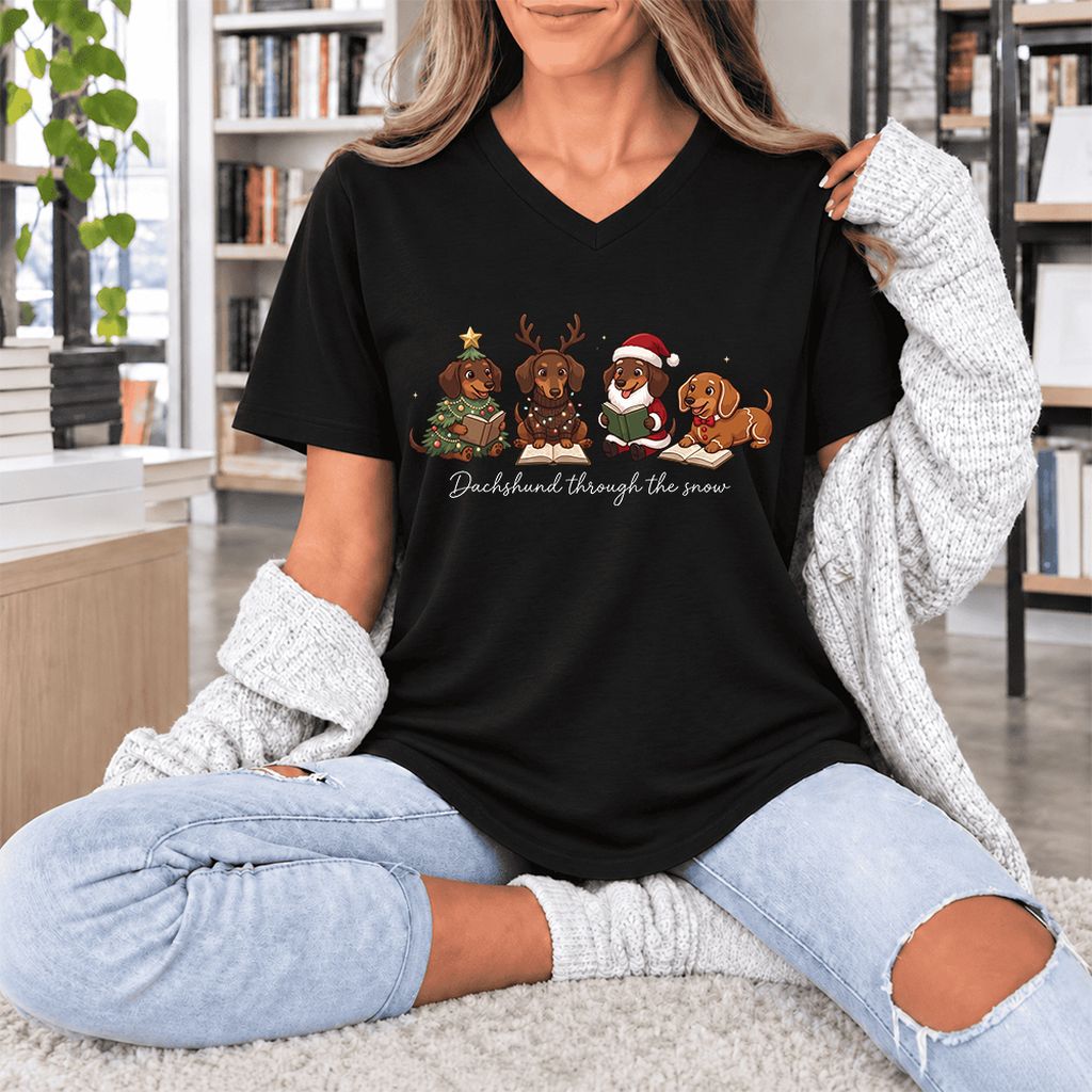 Dachshund Through The Snow Ultra-Soft V-Neck | Christmas Reader Gift Black