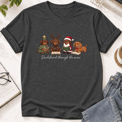 Dachshund Through The Snow Ultra-Soft V-Neck | Christmas Reader Gift Dark Grey Heather
