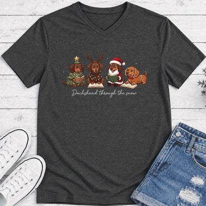 Dachshund Through The Snow Ultra-Soft V-Neck | Christmas Reader Gift Dark Grey Heather