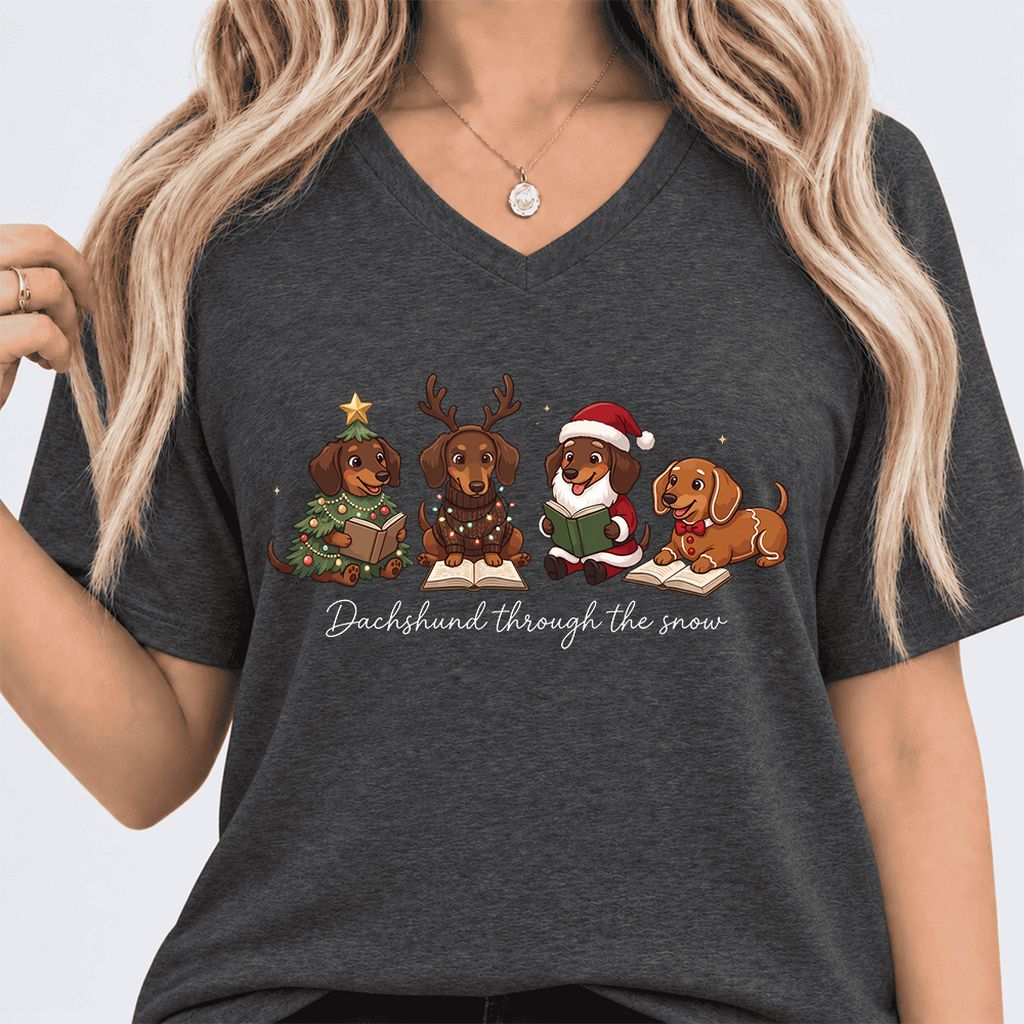 Dachshund Through The Snow Ultra-Soft V-Neck | Christmas Reader Gift Dark Grey Heather