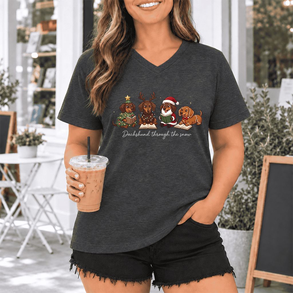 Dachshund Through The Snow Ultra-Soft V-Neck | Christmas Reader Gift Dark Grey Heather
