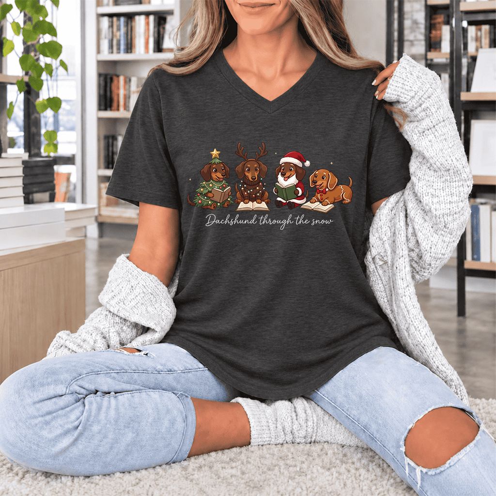 Dachshund Through The Snow Ultra-Soft V-Neck | Christmas Reader Gift Dark Grey Heather