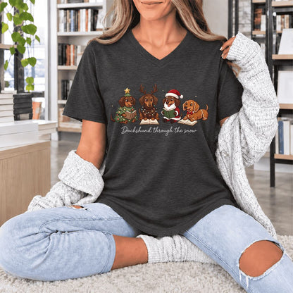 Dachshund Through The Snow Ultra-Soft V-Neck | Christmas Reader Gift Dark Grey Heather