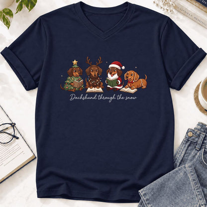 Dachshund Through The Snow Ultra-Soft V-Neck | Christmas Reader Gift Navy