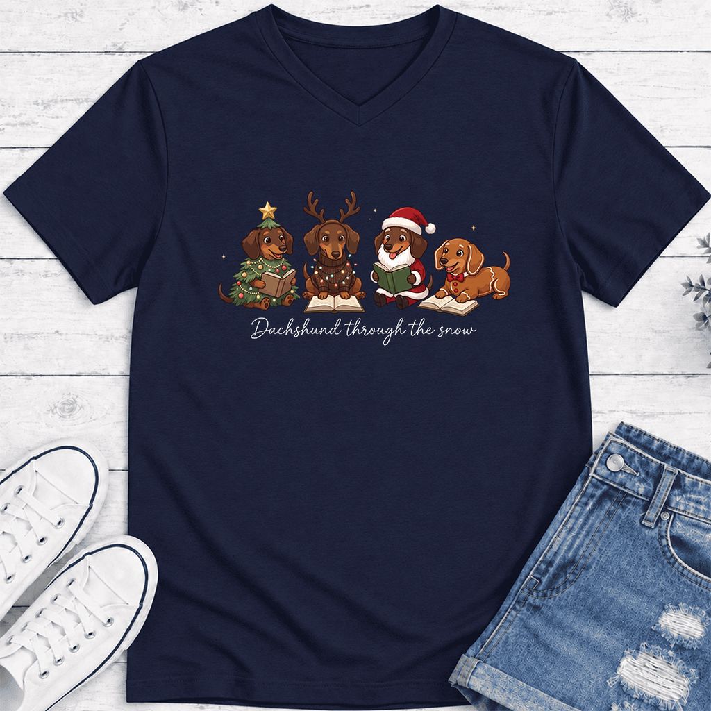Dachshund Through The Snow Ultra-Soft V-Neck | Christmas Reader Gift Navy