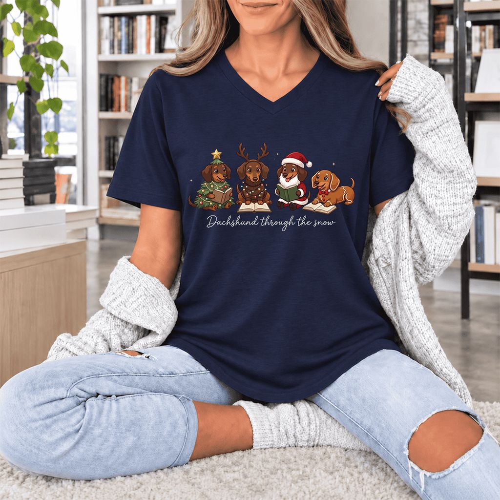 Dachshund Through The Snow Ultra-Soft V-Neck | Christmas Reader Gift Navy