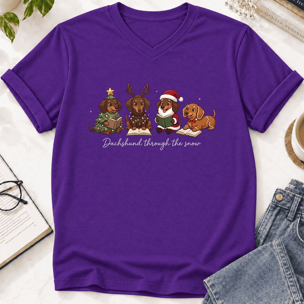 Dachshund Through The Snow Ultra-Soft V-Neck | Christmas Reader Gift Team Purple