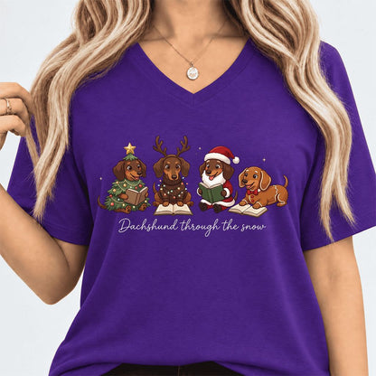 Dachshund Through The Snow Ultra-Soft V-Neck | Christmas Reader Gift Team Purple