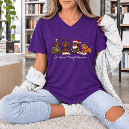 Dachshund Through The Snow Ultra-Soft V-Neck | Christmas Reader Gift Team Purple