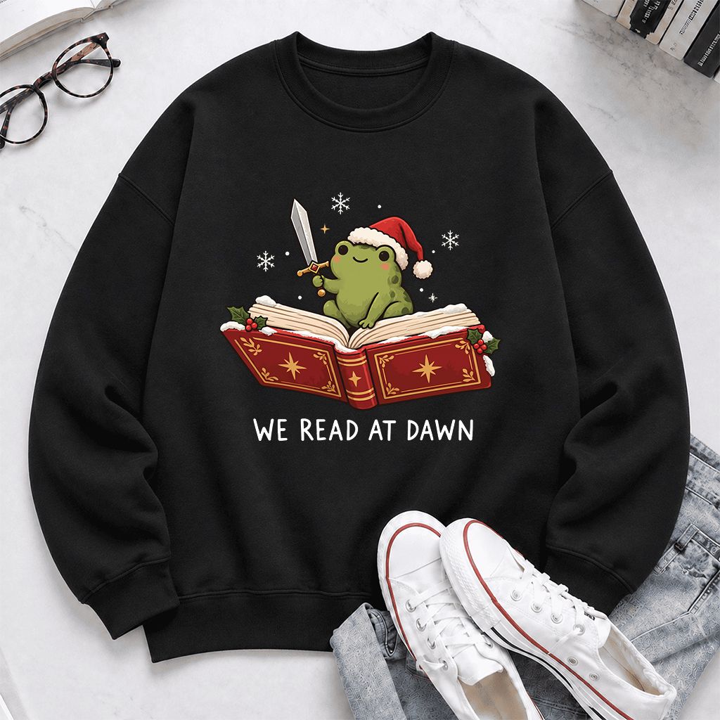 We Read At Dawn Frog Printed Sweatshirt | Christmas Book Lover Gift Black