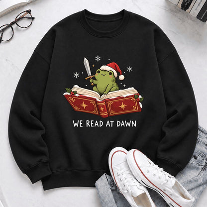 We Read At Dawn Frog Printed Sweatshirt | Christmas Book Lover Gift Black