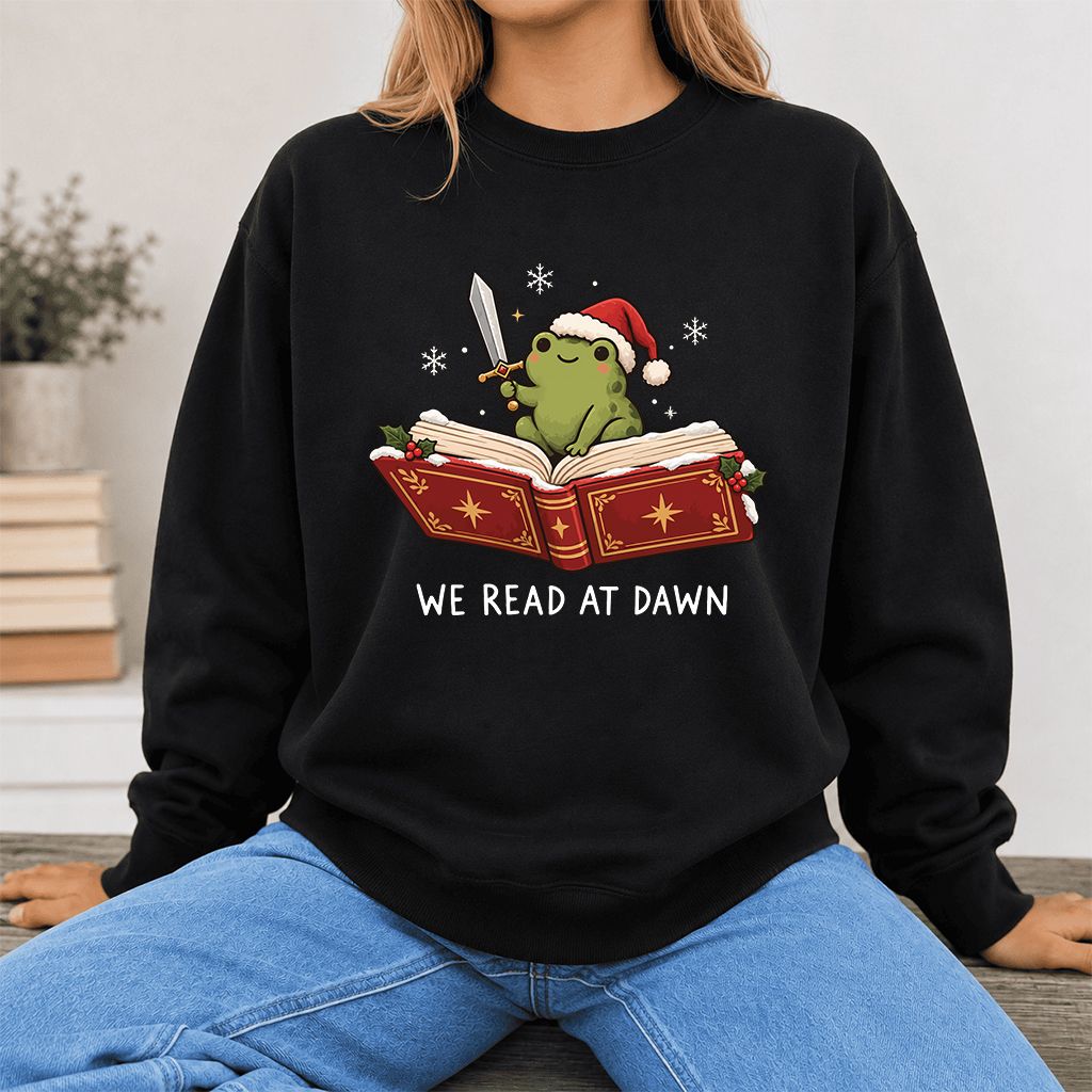 We Read At Dawn Frog Printed Sweatshirt | Christmas Book Lover Gift Black