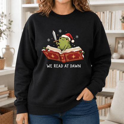 We Read At Dawn Frog Printed Sweatshirt | Christmas Book Lover Gift Black