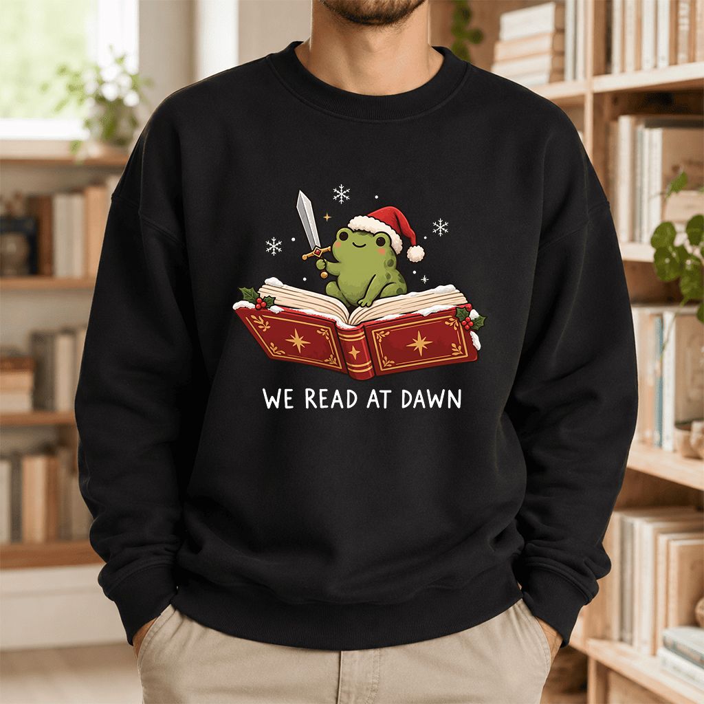 We Read At Dawn Frog Printed Sweatshirt | Christmas Book Lover Gift Black