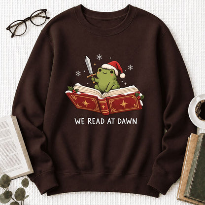 We Read At Dawn Frog Printed Sweatshirt | Christmas Book Lover Gift Dark Chocolate