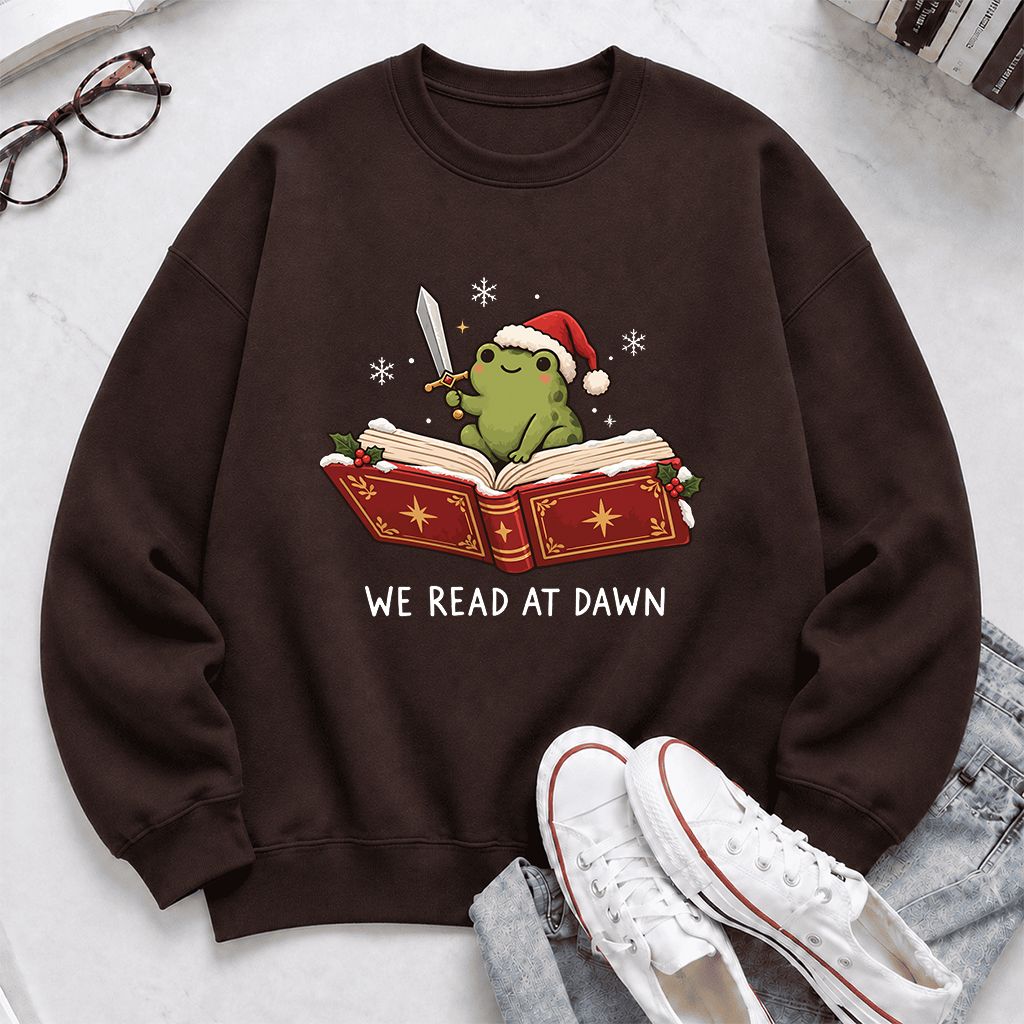 We Read At Dawn Frog Printed Sweatshirt | Christmas Book Lover Gift Dark Chocolate
