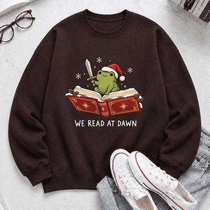 We Read At Dawn Frog Printed Sweatshirt | Christmas Book Lover Gift Dark Chocolate