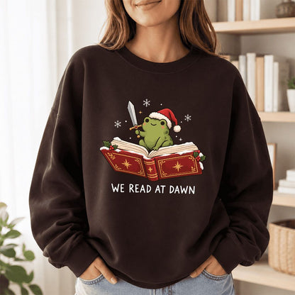 We Read At Dawn Frog Printed Sweatshirt | Christmas Book Lover Gift Dark Chocolate