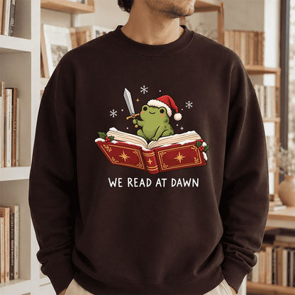 We Read At Dawn Frog Printed Sweatshirt | Christmas Book Lover Gift Dark Chocolate