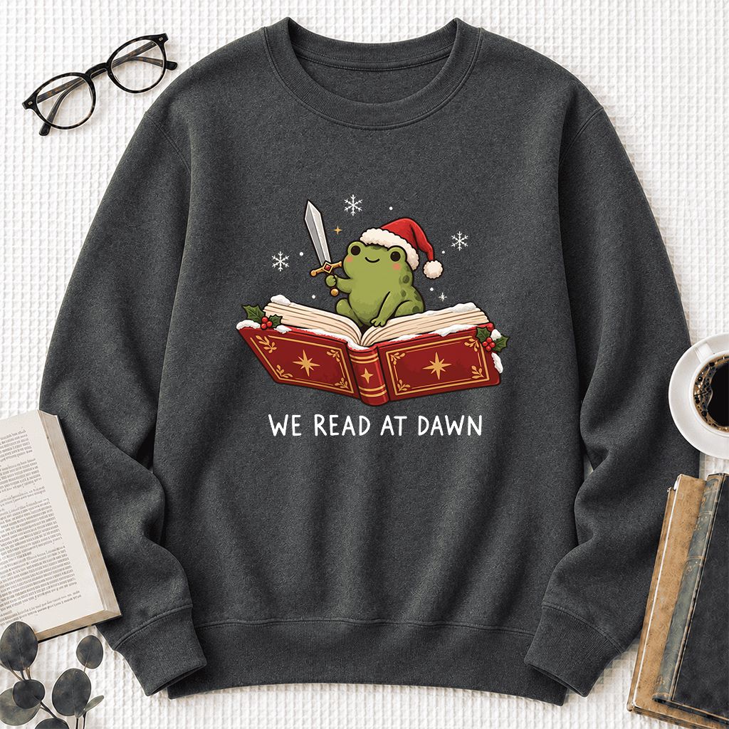 We Read At Dawn Frog Printed Sweatshirt | Christmas Book Lover Gift Dark Heather