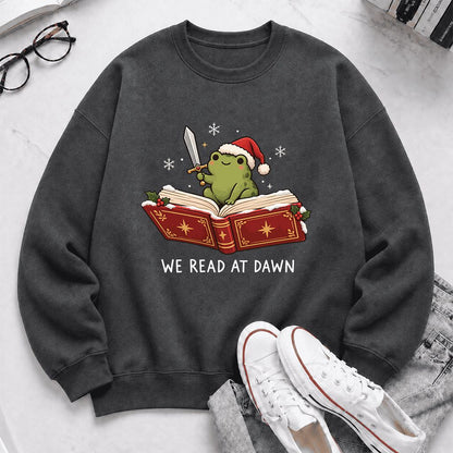 We Read At Dawn Frog Printed Sweatshirt | Christmas Book Lover Gift Dark Heather