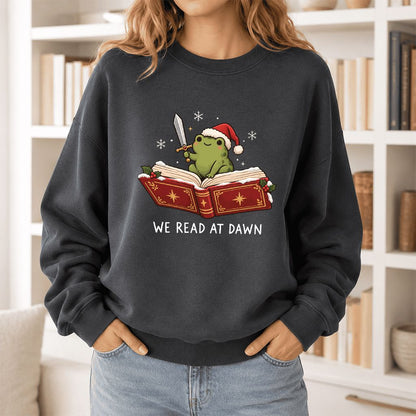 We Read At Dawn Frog Printed Sweatshirt | Christmas Book Lover Gift Dark Heather