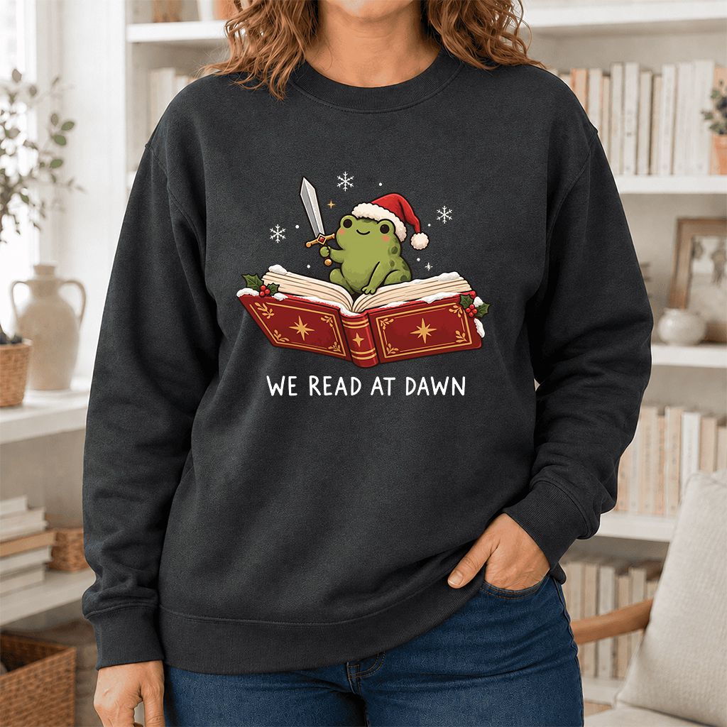 We Read At Dawn Frog Printed Sweatshirt | Christmas Book Lover Gift Dark Heather