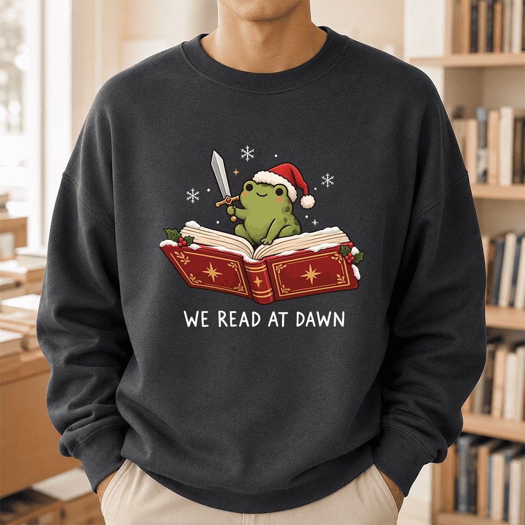 We Read At Dawn Frog Printed Sweatshirt | Christmas Book Lover Gift Dark Heather