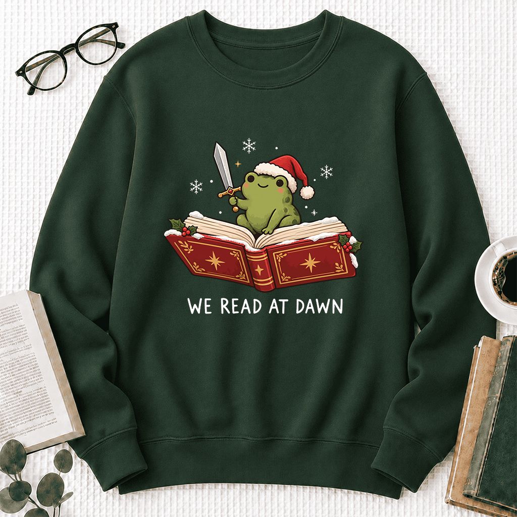 We Read At Dawn Frog Printed Sweatshirt | Christmas Book Lover Gift Forest Green