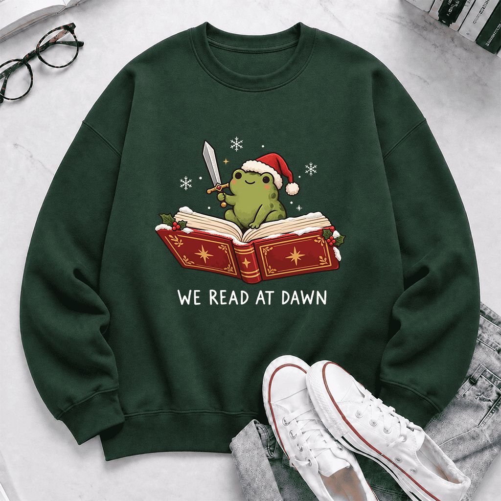 We Read At Dawn Frog Printed Sweatshirt | Christmas Book Lover Gift Forest Green