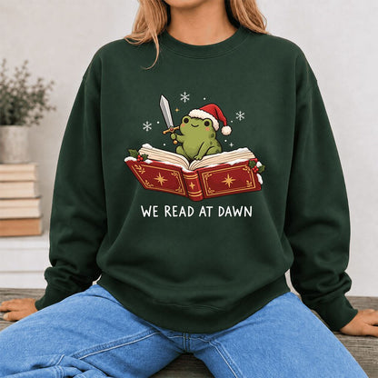 We Read At Dawn Frog Printed Sweatshirt | Christmas Book Lover Gift Forest Green
